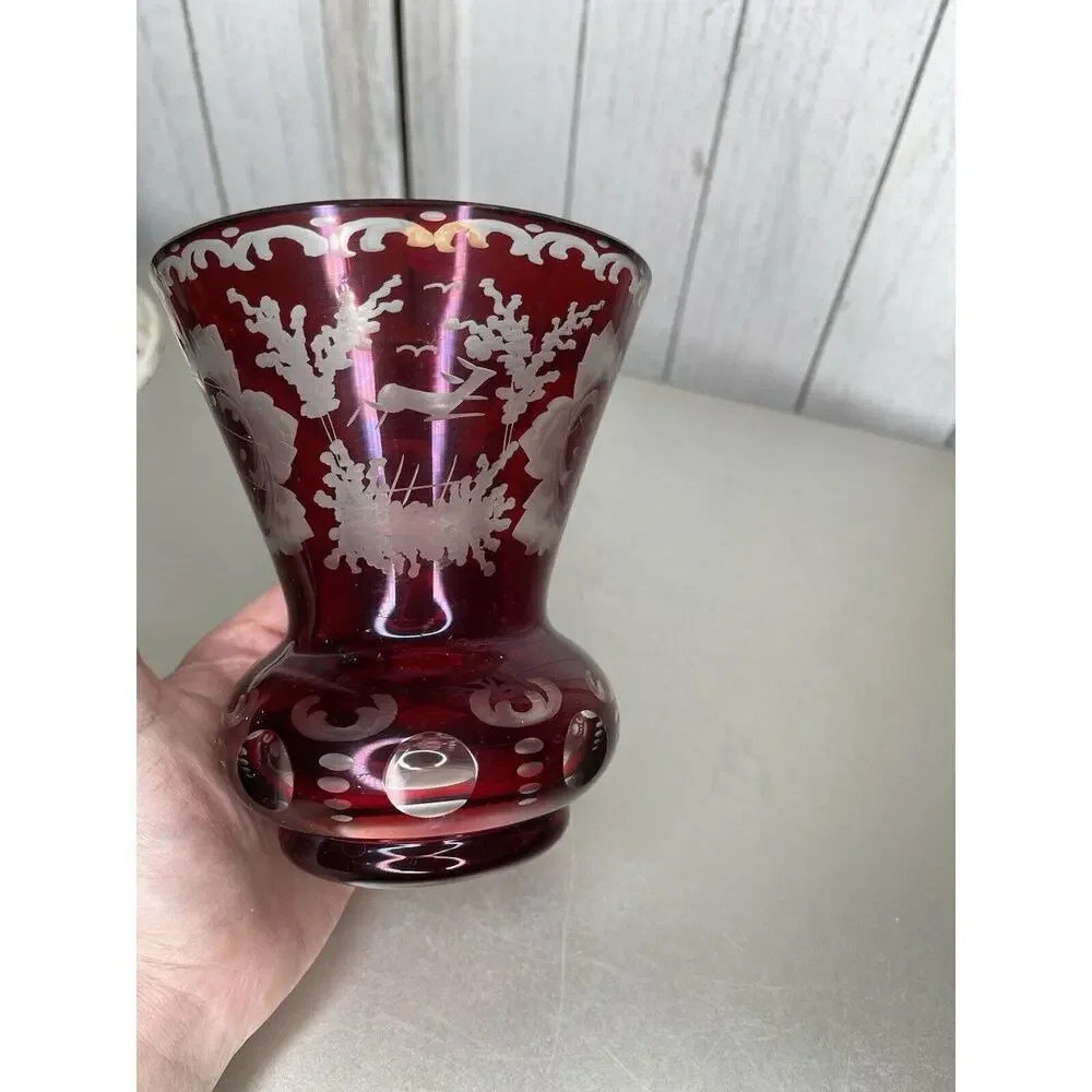 Antique Bohemian glass Vase Ruby red Etched glass Deer Castle Vintage